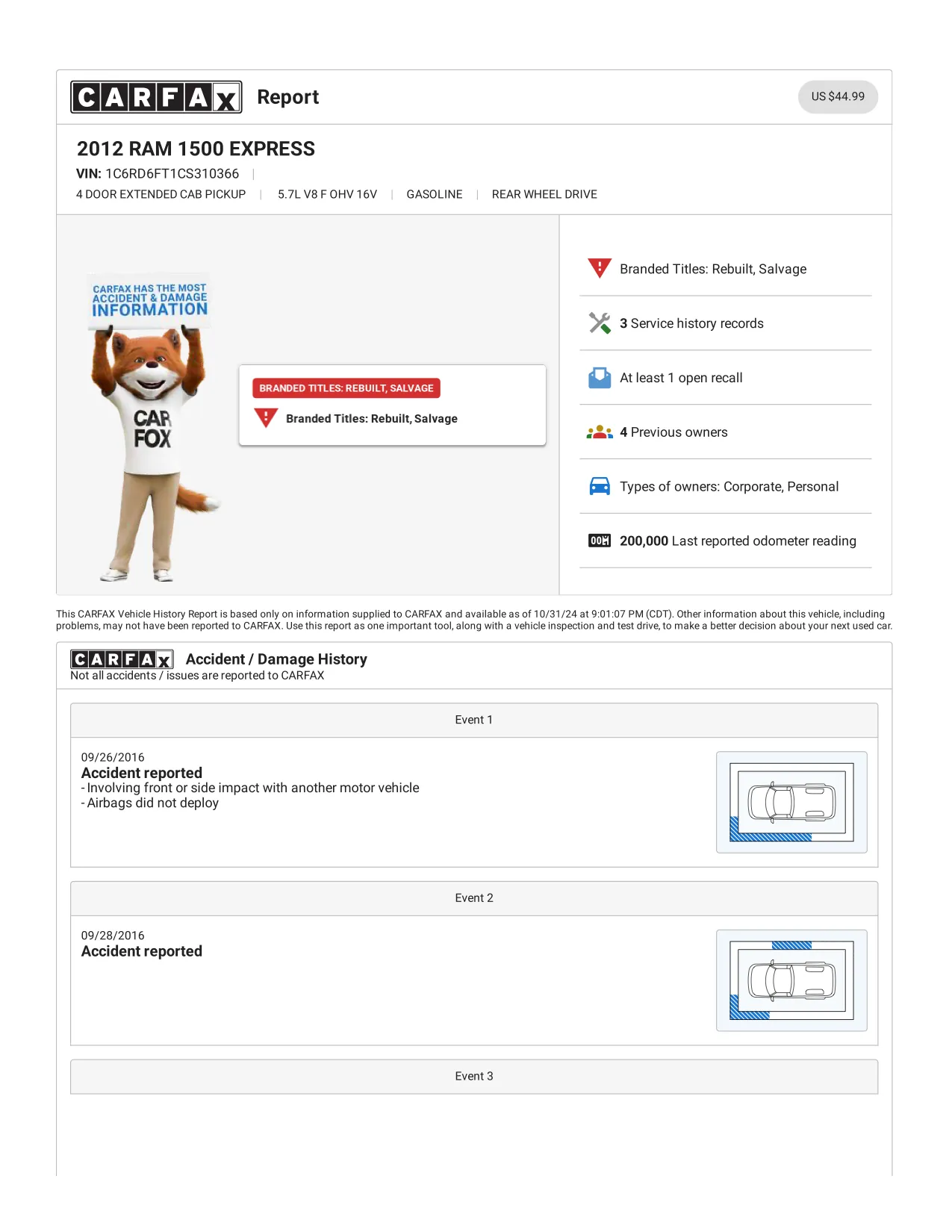 Page 1 of a Carfax report for a 2012 RAM 1500 Express: summary box and the first accident records