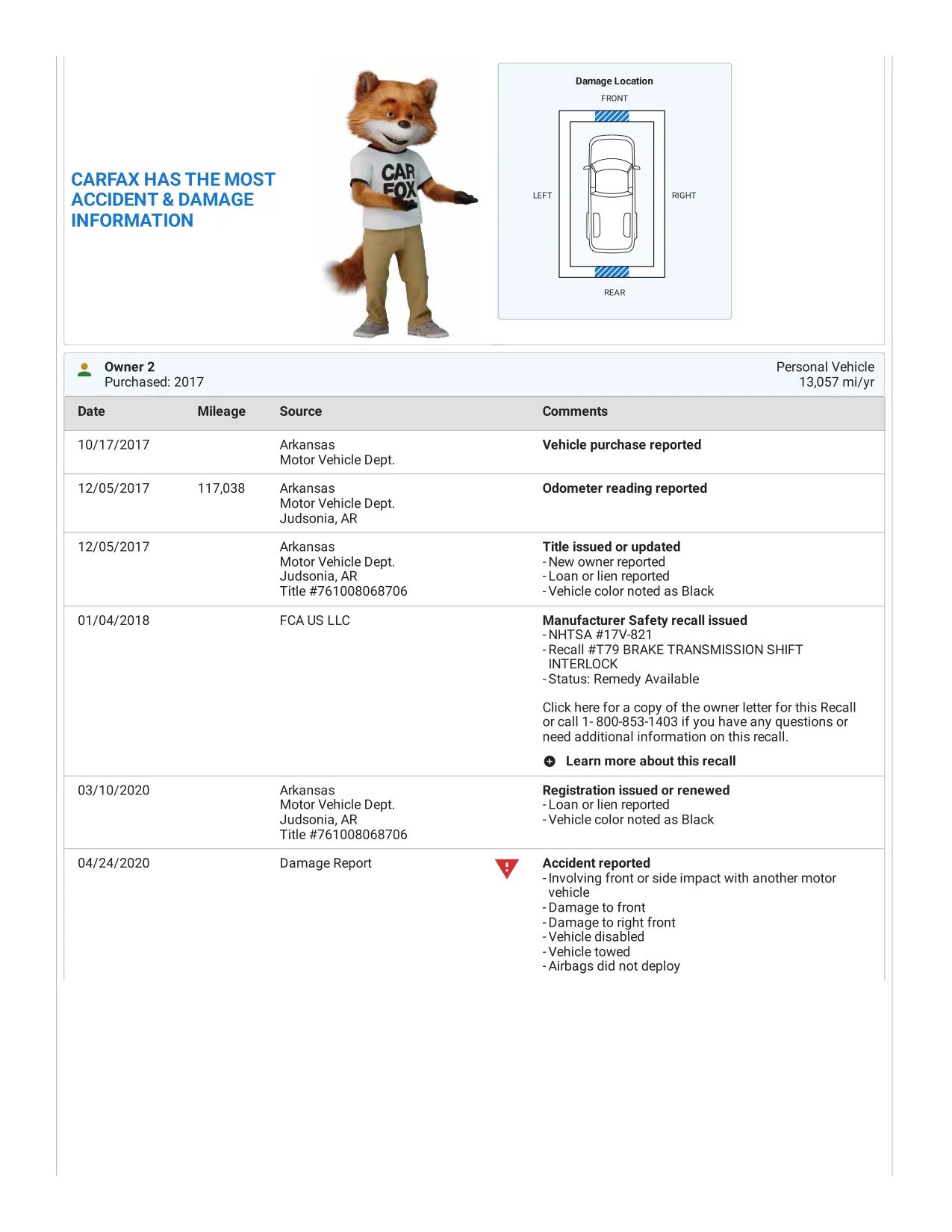 Page 5 of the sample Carfax report: the second owner's records, an open recall and the 2020 accident